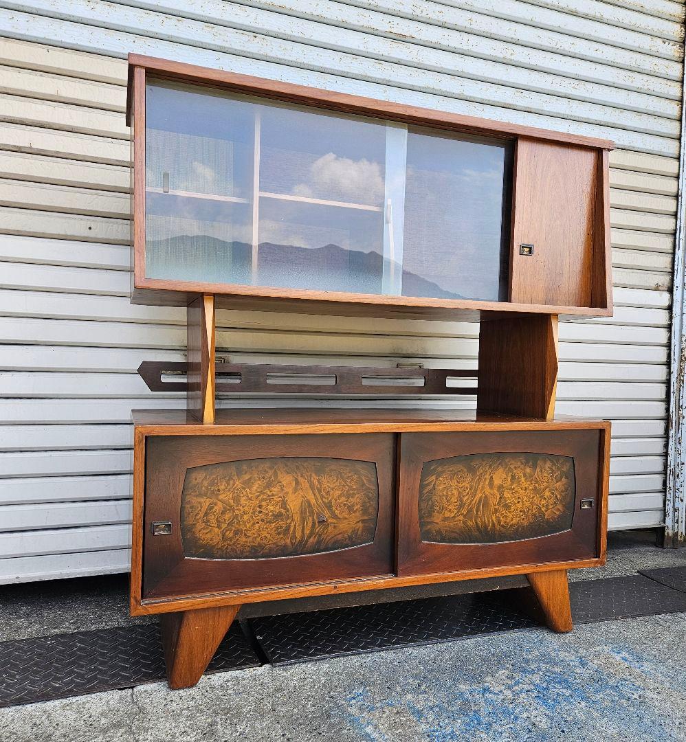 日本のヴィンテージ ガラスと木の飾り棚 ミッドセンチュリーモダン オープンラック