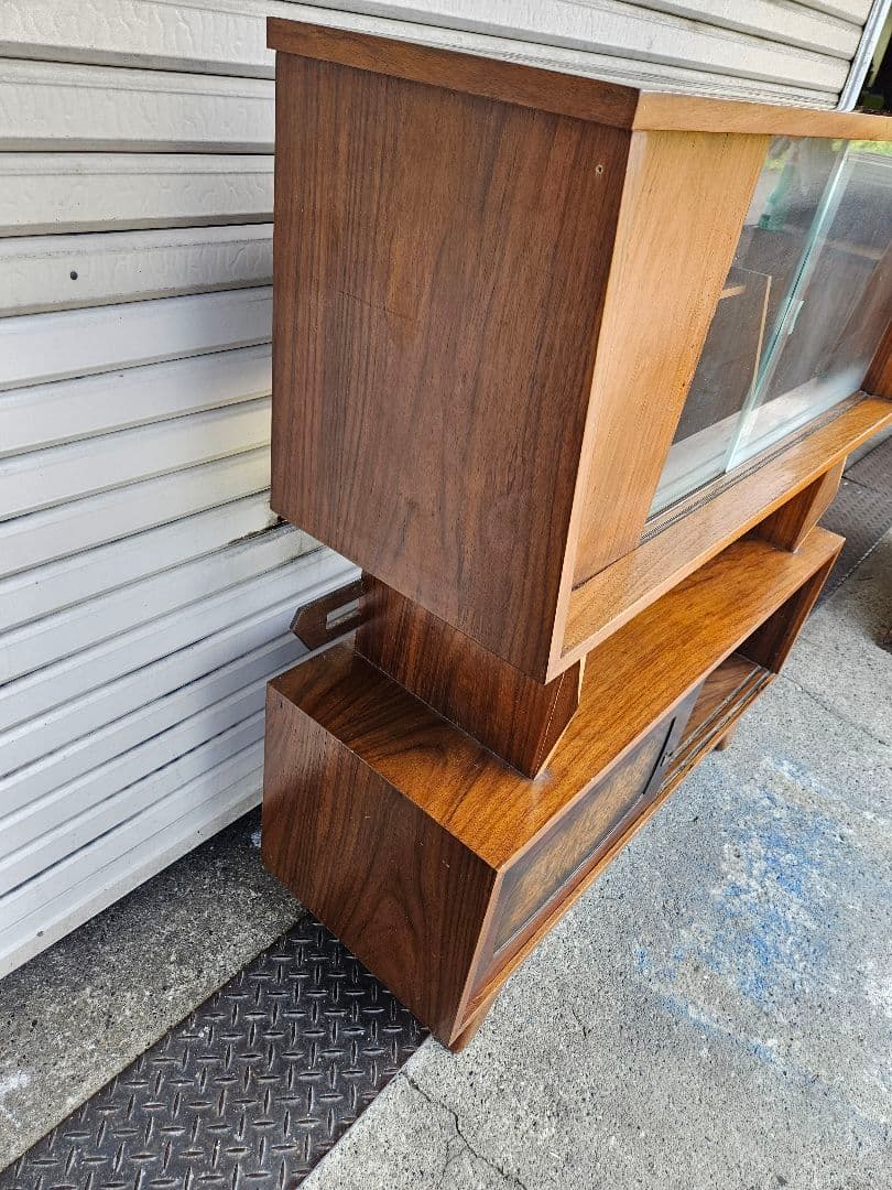 日本のヴィンテージ ガラスと木の飾り棚 ミッドセンチュリーモダン オープンラック