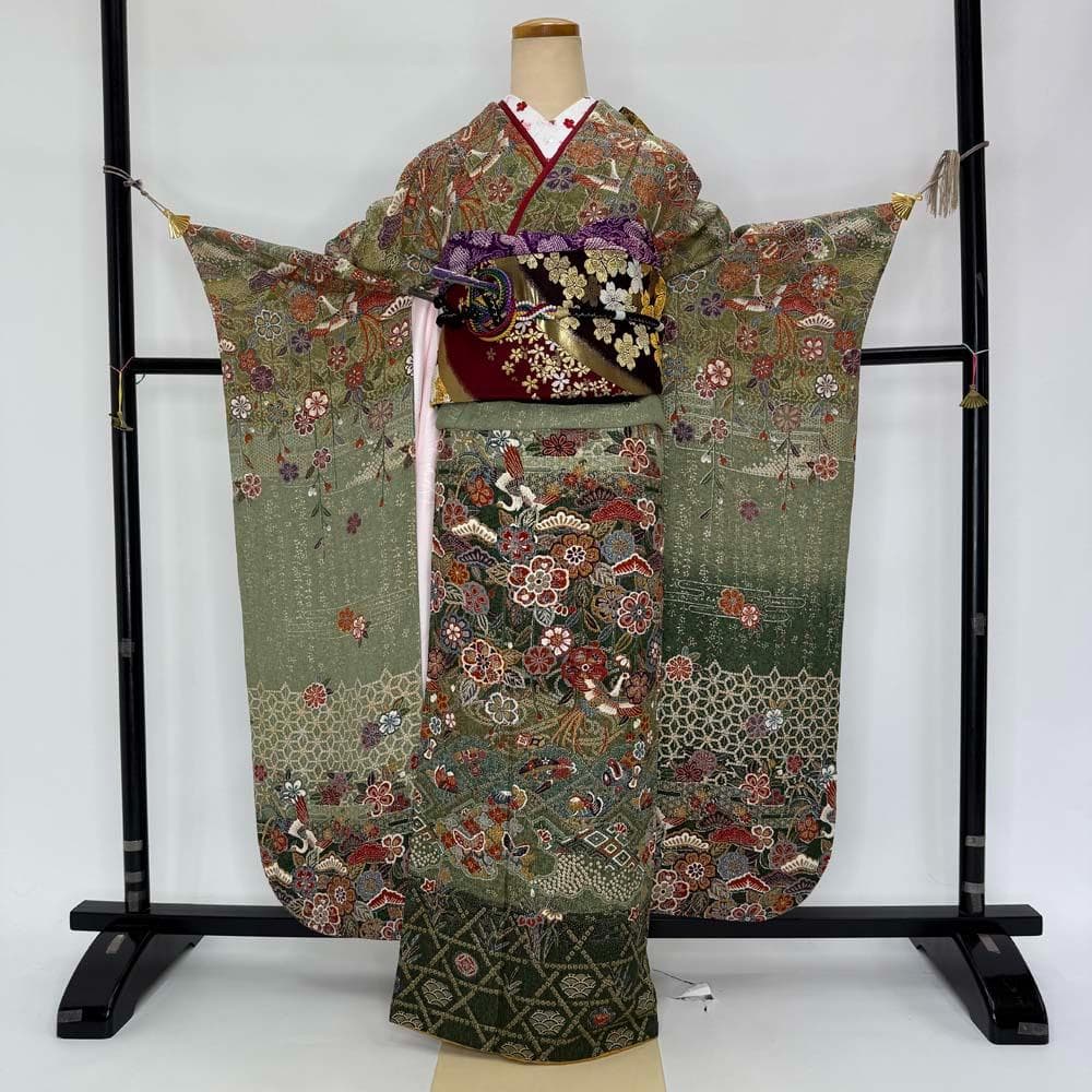 振袖フルセット 緑 染め 成人式 草履バック付 裄65.5cm S-202