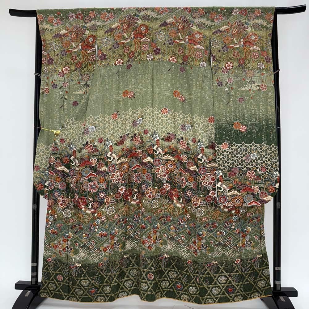 振袖フルセット 緑 染め 成人式 草履バック付 裄65.5cm S-202