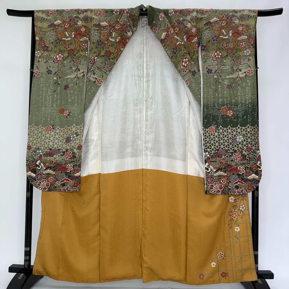 振袖フルセット 緑 染め 成人式 草履バック付 裄65.5cm S-202