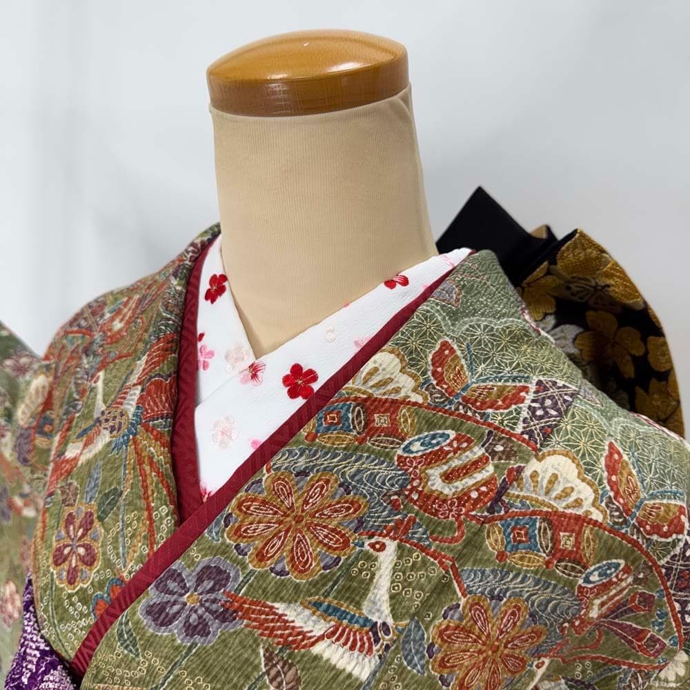 振袖フルセット 緑 染め 成人式 草履バック付 裄65.5cm S-202