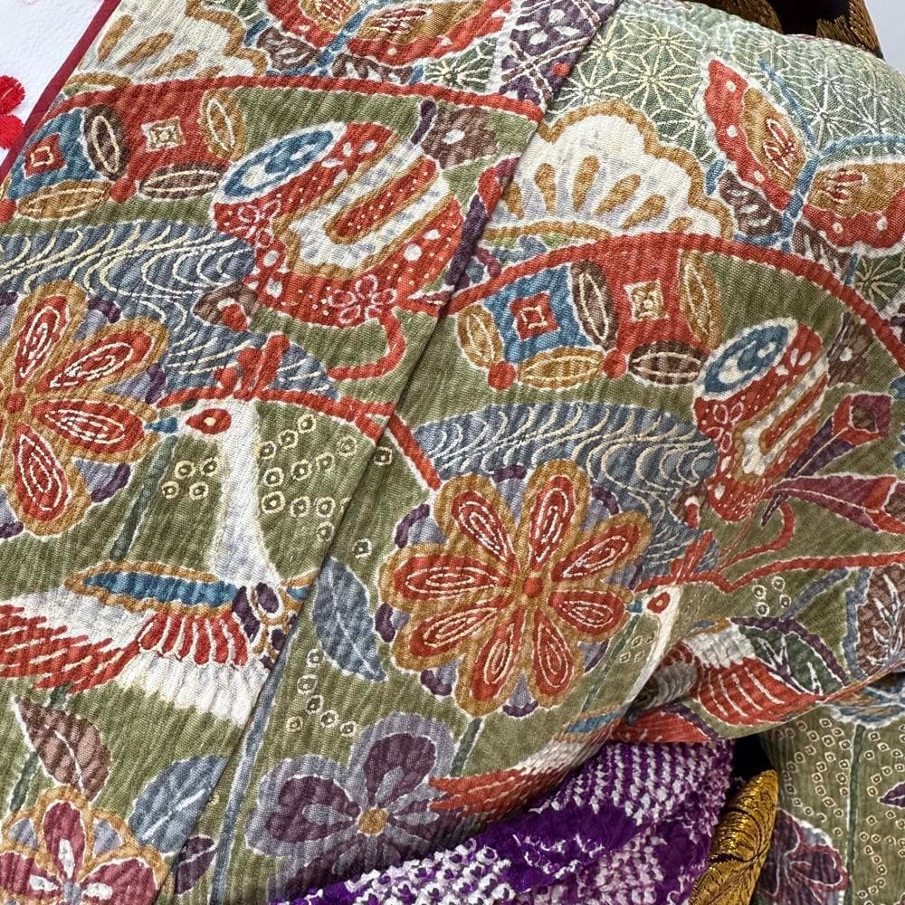 振袖フルセット 緑 染め 成人式 草履バック付 裄65.5cm S-202