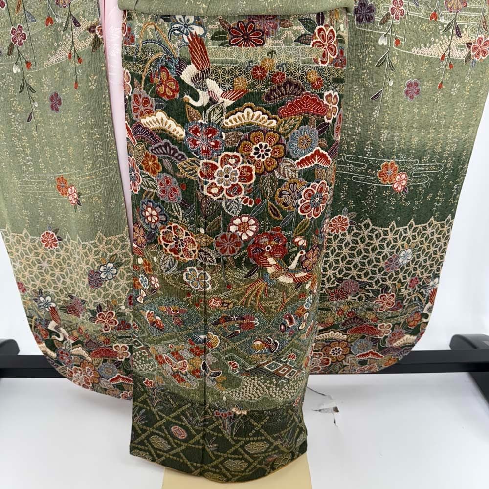 振袖フルセット 緑 染め 成人式 草履バック付 裄65.5cm S-202