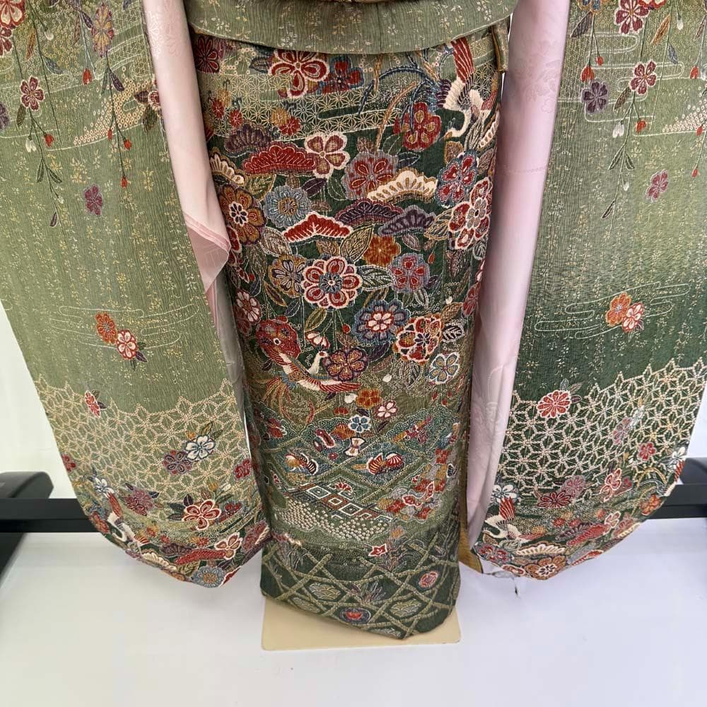 振袖フルセット 緑 染め 成人式 草履バック付 裄65.5cm S-202