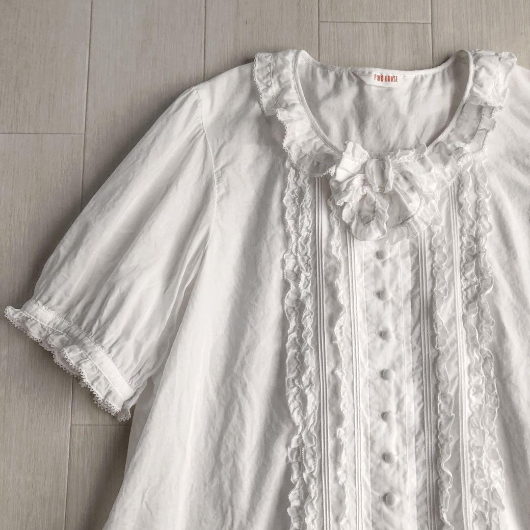 2023年 ピンクハウス 綿ローン ピンタック ピコフリル 白 ブラウス