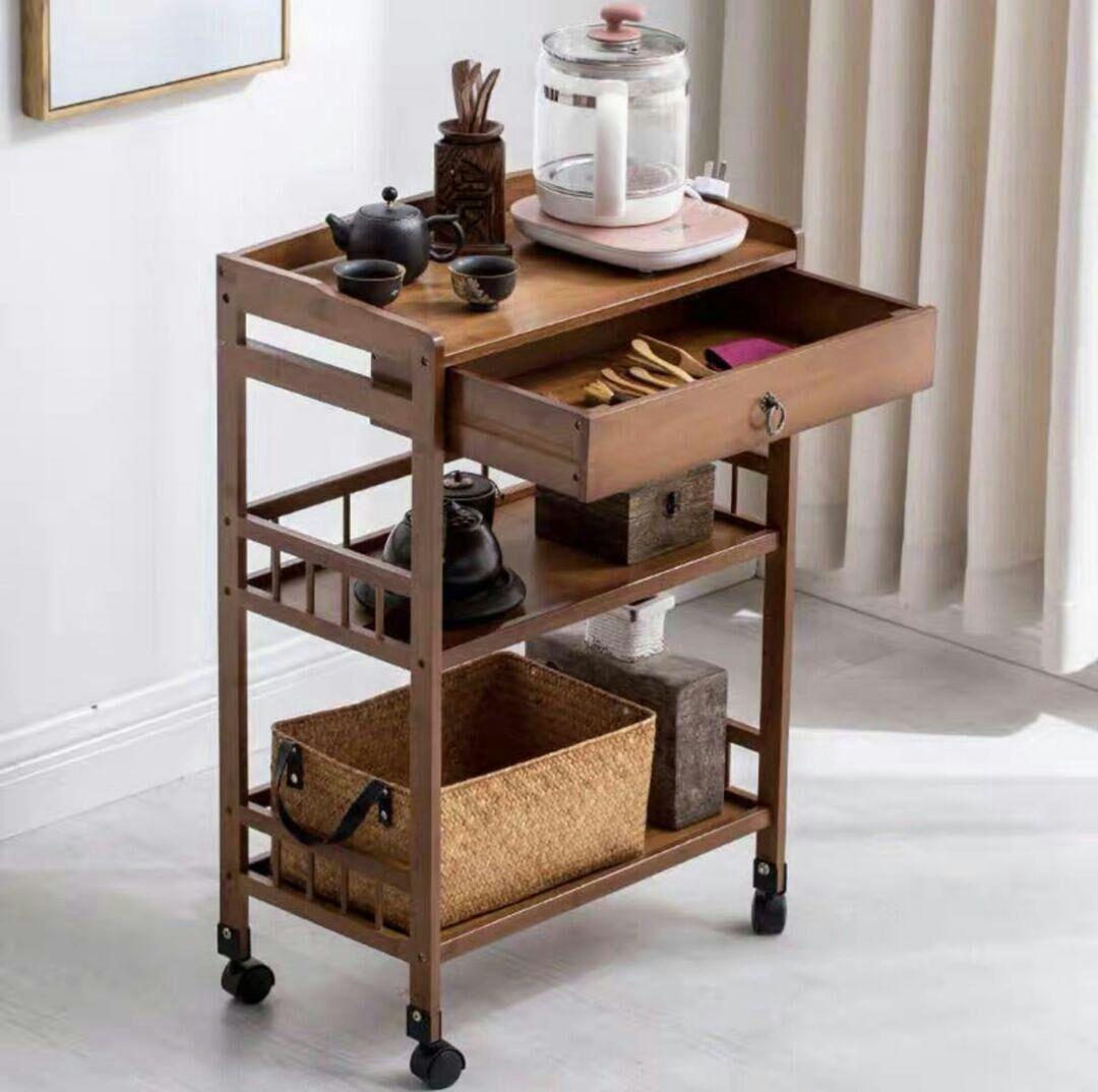 【楠竹移動食堂車置物棚台所整理お茶酒家庭用押し車多層棚】3