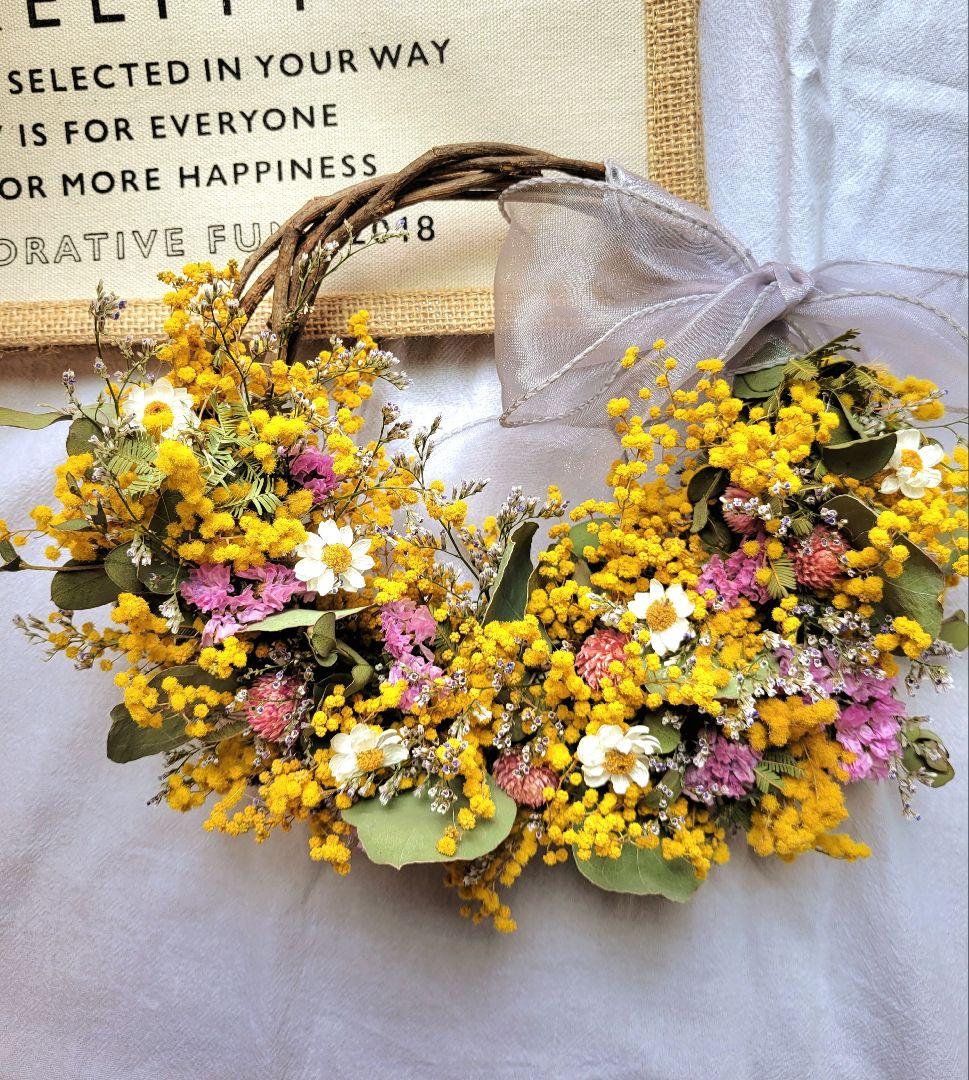 リニューアル！ふんわり☆ミモザリース　ドライフラワー　ハーフリース　ナチュラル