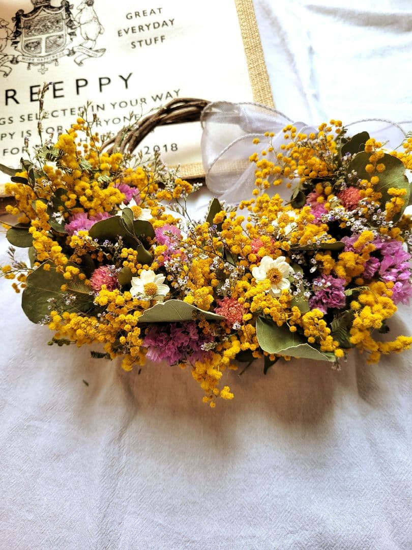 リニューアル！ふんわり☆ミモザリース　ドライフラワー　ハーフリース　ナチュラル