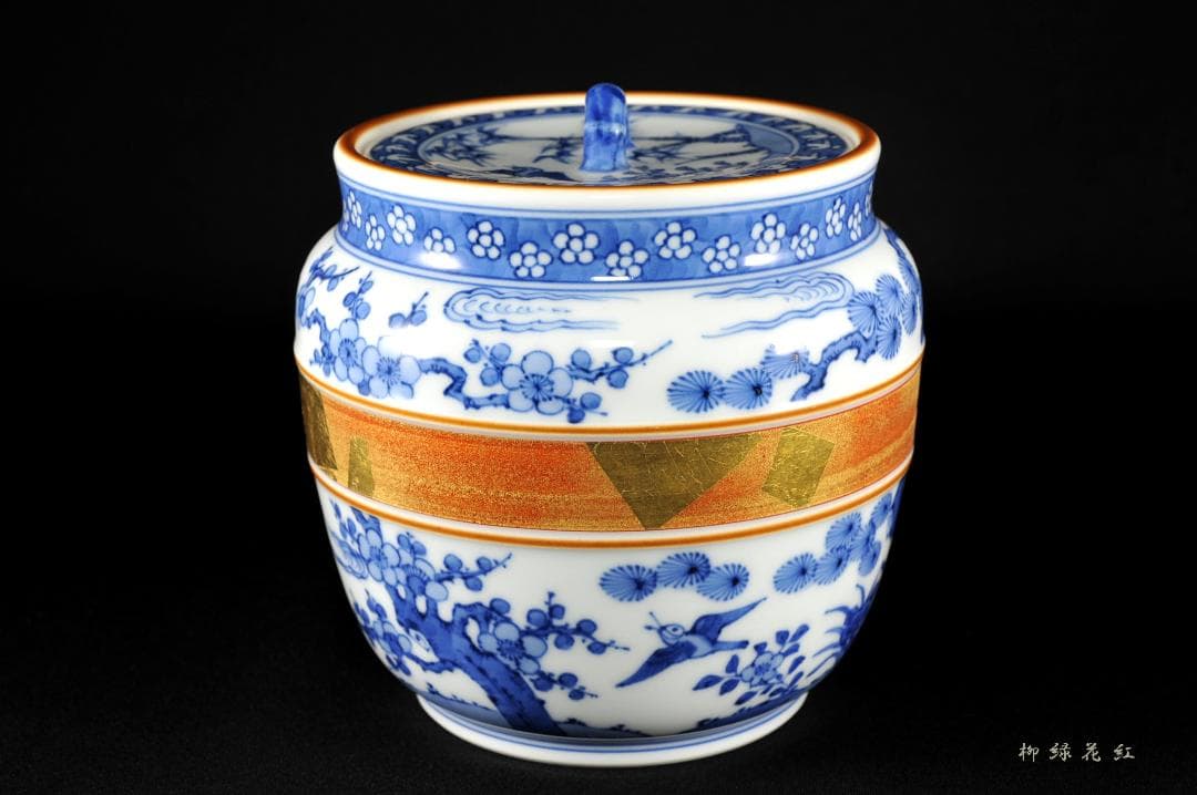 五代 三浦竹泉 祥瑞 松竹梅花鳥 水指 共箱 茶道具