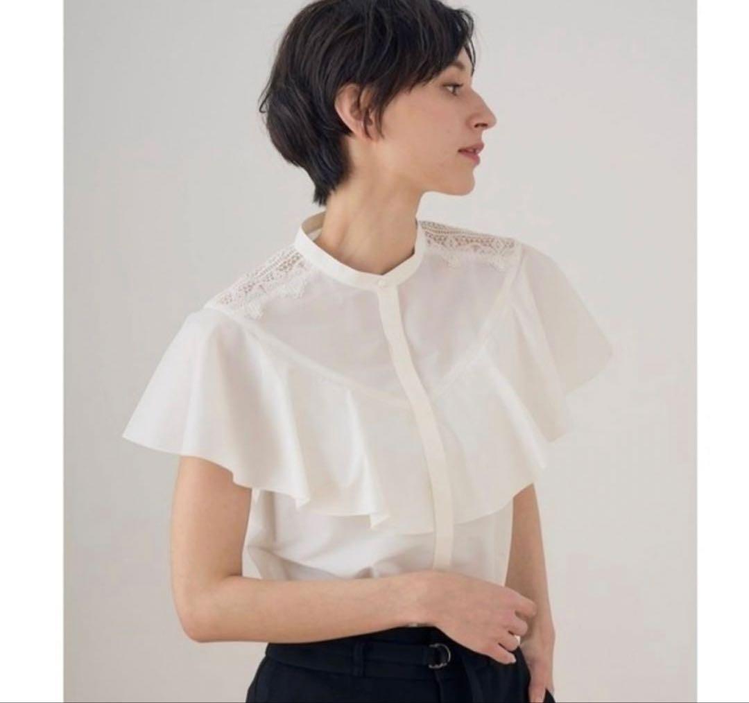 売り切り新品　アナイ　トリアセコットンレースラッフル ブラウス　36
