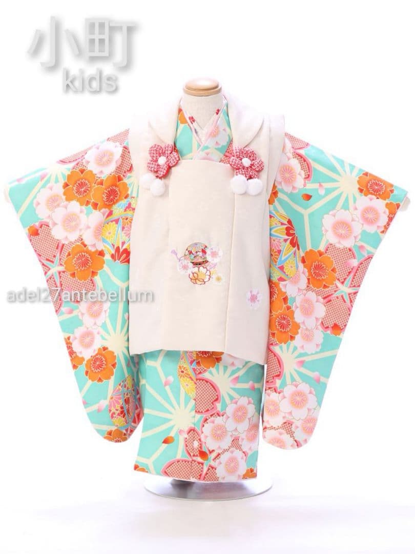 新品小町kids七五三3歳着物コート8点セット花柄薄緑白髪飾り巾着袋下駄お祝い着