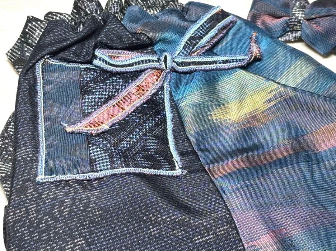 着物リメイク　大島紬　パッチワーク　ハンドメイド犬服　シルク　ロンパース