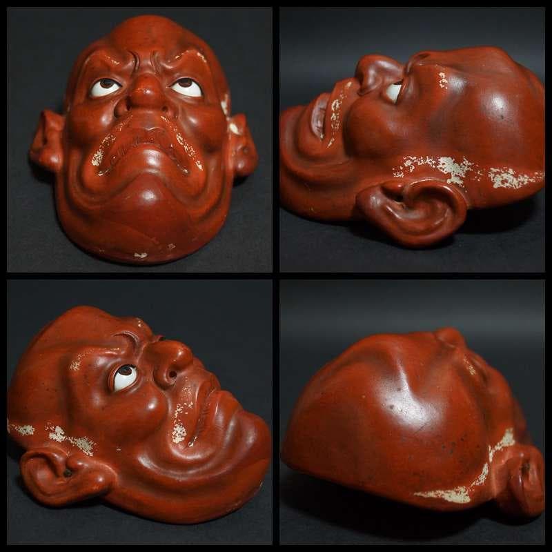 陶器製 玉眼 面 小面 魔除け 壁掛け 飾り物 二点セット 箱付