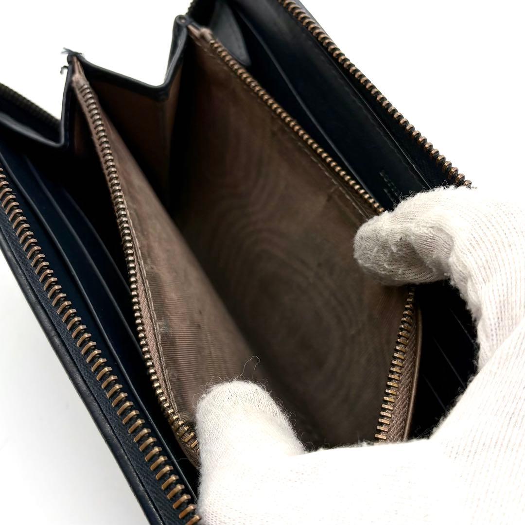 【美品】ボッテガヴェネタ 長財布 イントレチャート ラウンドジップ ネイビー