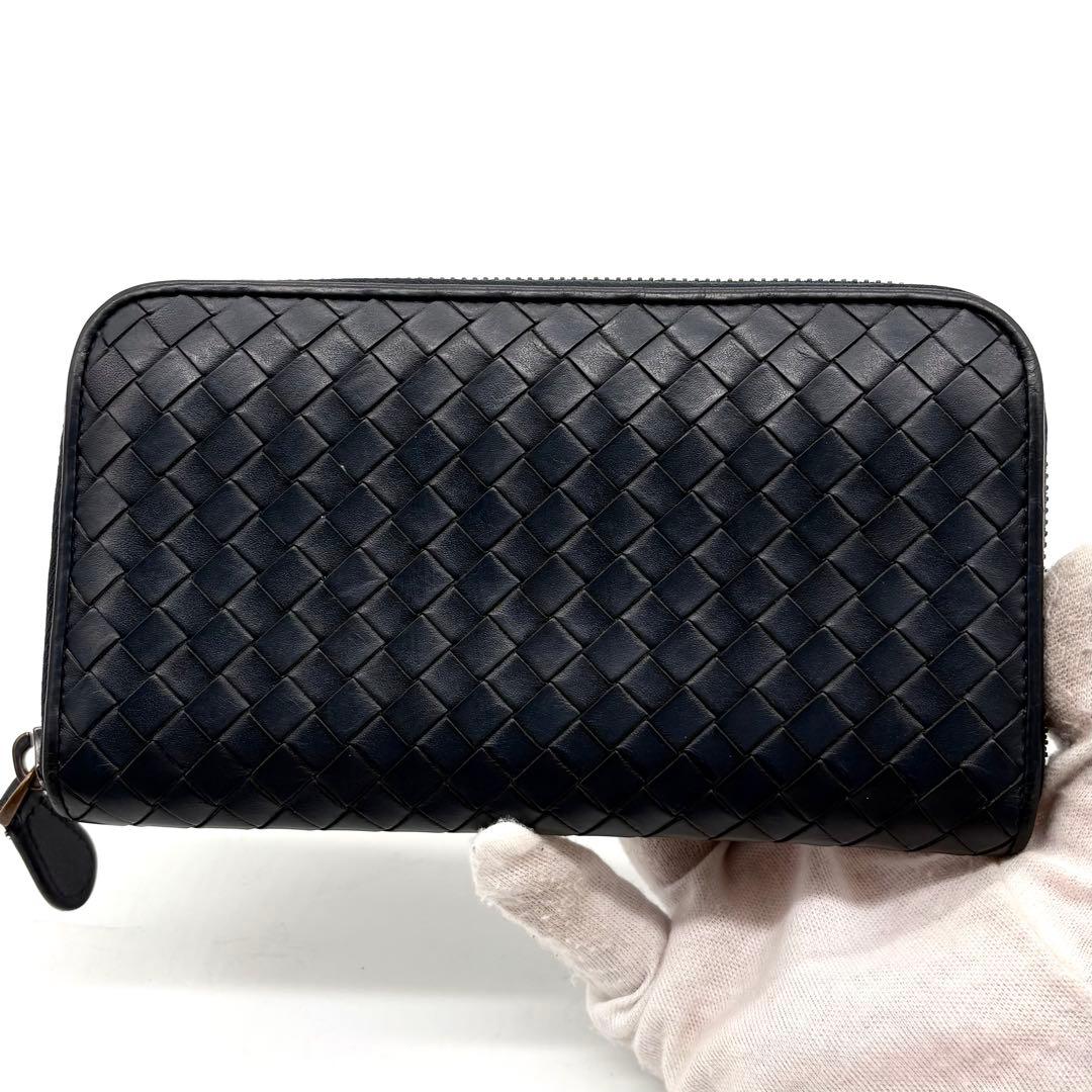 【美品】ボッテガヴェネタ 長財布 イントレチャート ラウンドジップ ネイビー