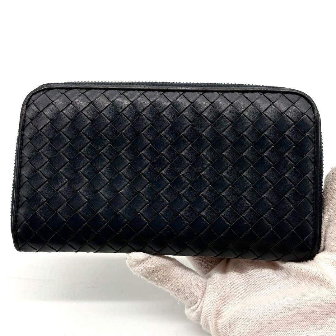 【美品】ボッテガヴェネタ 長財布 イントレチャート ラウンドジップ ネイビー