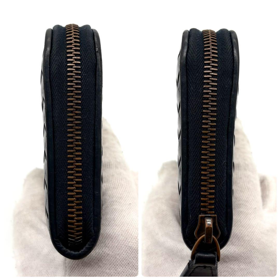 【美品】ボッテガヴェネタ 長財布 イントレチャート ラウンドジップ ネイビー