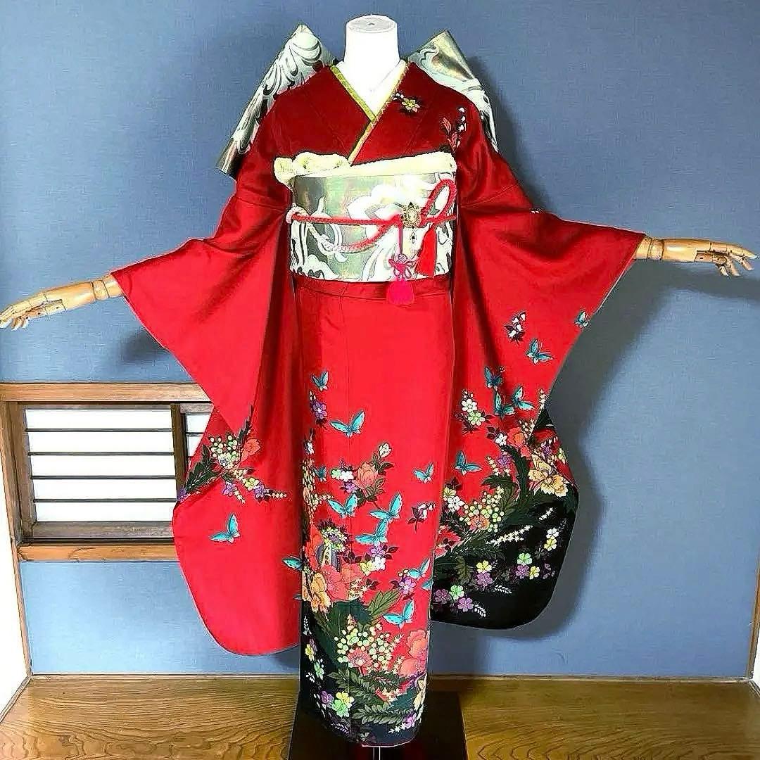 振袖フルセット　手描き友禅　成人式振袖　振袖　裄丈68 バタフライ　赤
