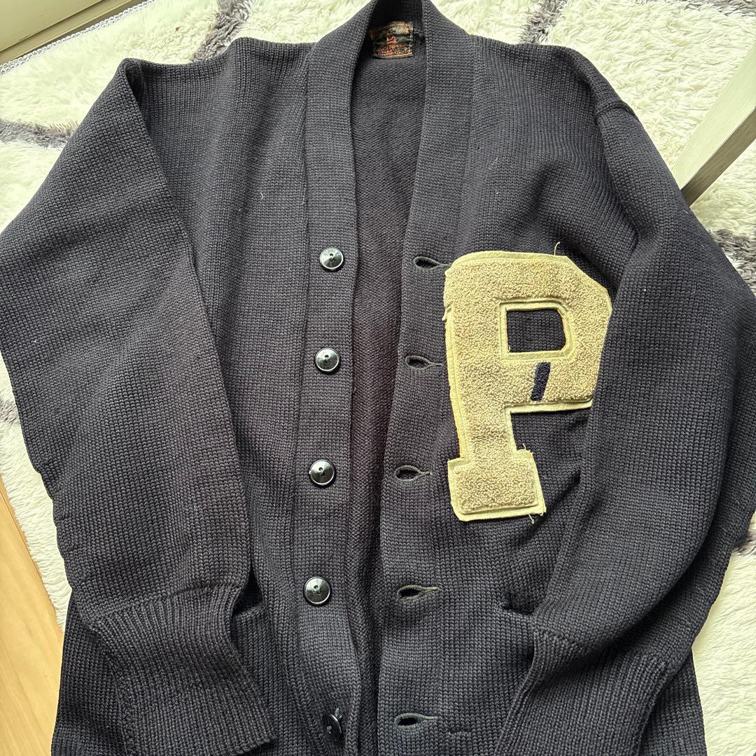 古着　60's ダークグレー ニットカーディガン P刺繍