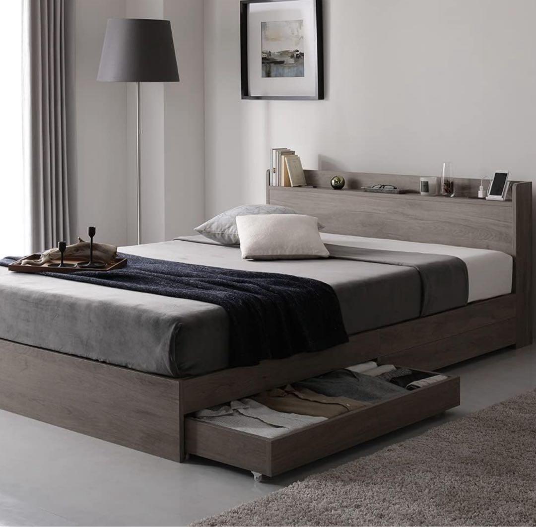 ダブルベッドフレーム 棚・コンセント付き