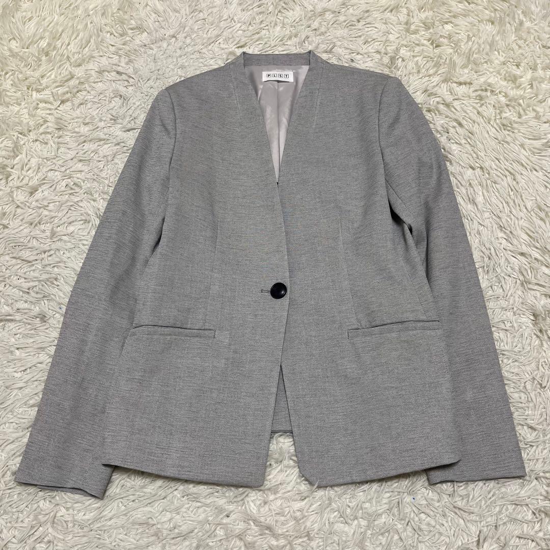 美品 PLST ノーカラー セットアップ スーツ ストレッチ グレー フォーマル