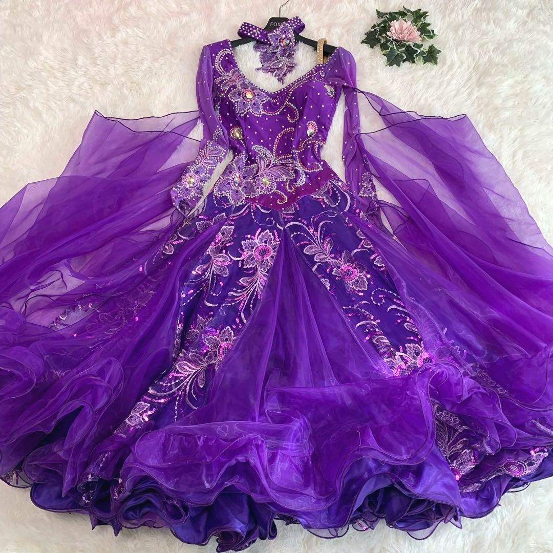 競技ダンス/ドレス【パープル/刺繍/ビジュー】社交ダンス 衣装 スタンダード