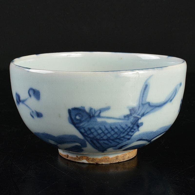 茶道具　古染付　魚波文 　煎茶碗　仕覆付　 表千家碌々斎極め箱　M　R7060