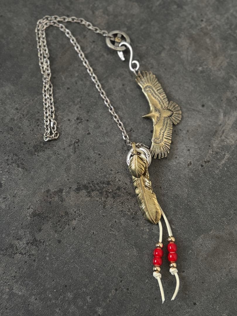 全金フェザーネックレス　イーグル　フェザー　ホワイトハーツ　真鍮