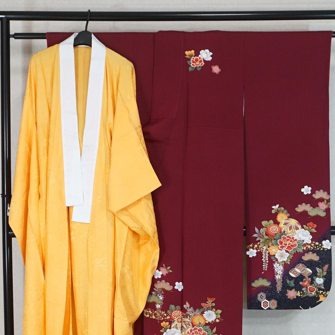 モダンなダークピンク　牡丹　藤　正絹振袖　長襦袢付　160cm　a657