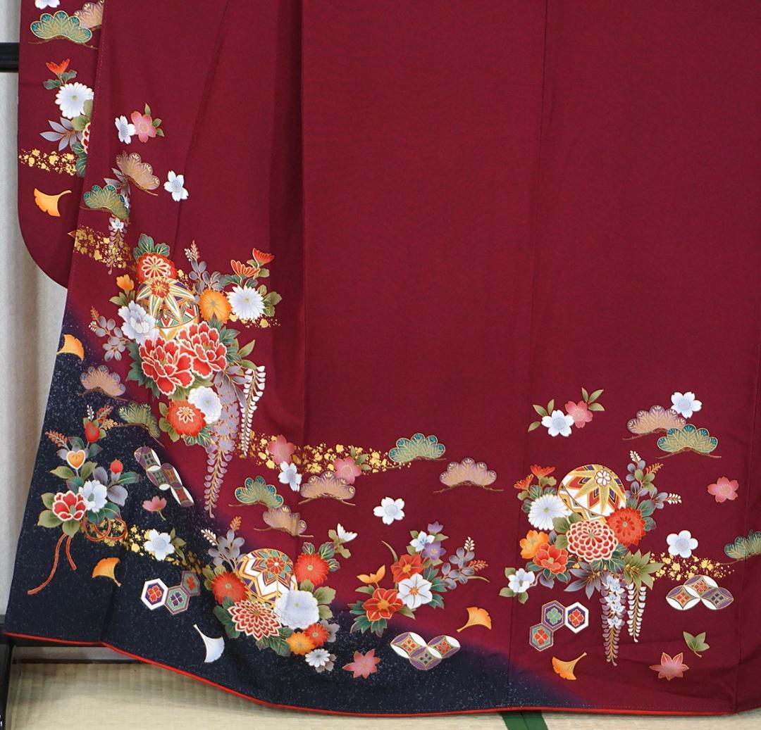 モダンなダークピンク　牡丹　藤　正絹振袖　長襦袢付　160cm　a657