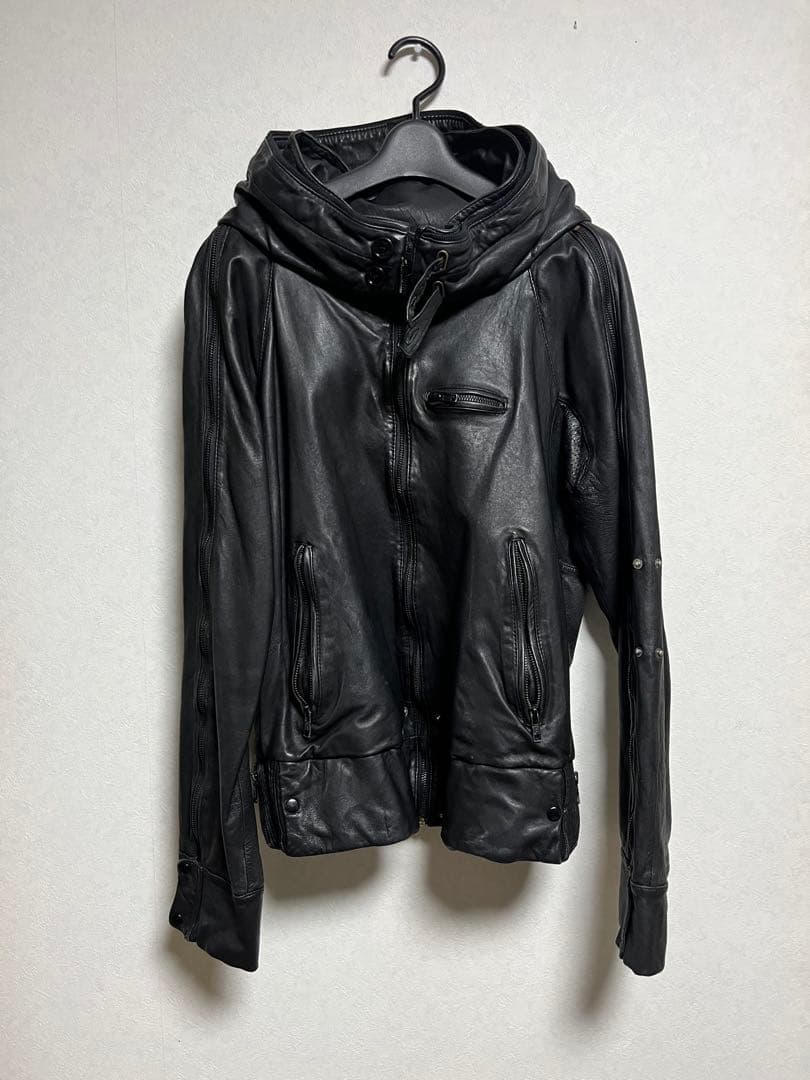 本革 レザージャケット フード一体型 ブラック 多ジップ バイカー モード系