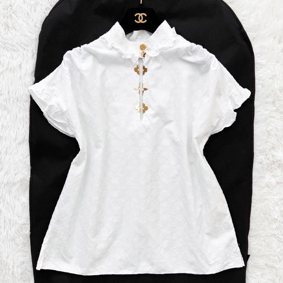 LOUIS VUITTON 19AW モノグラム フリルブラウス ゴールド 40