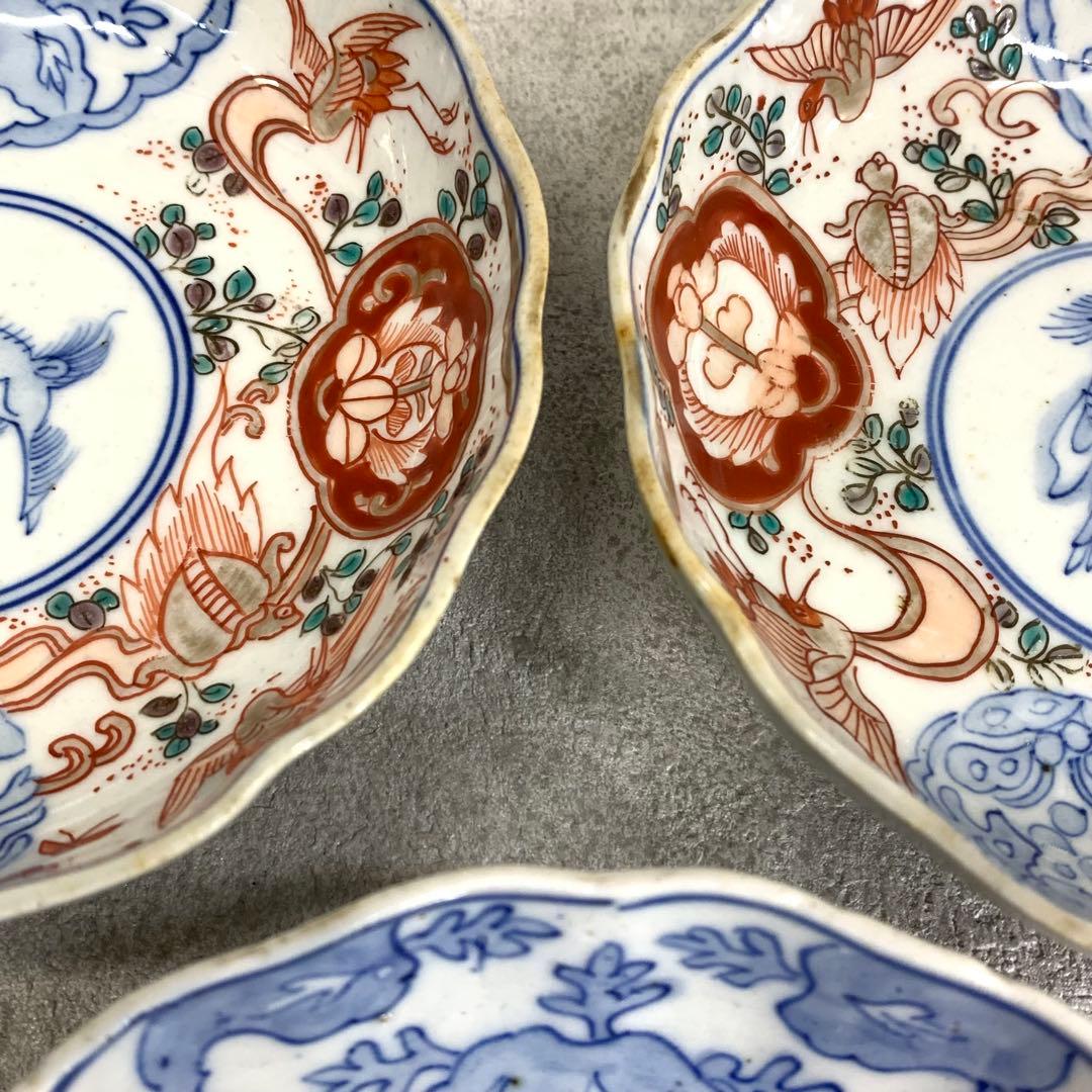 なます皿 5点 直径13.1cm 鶴亀 蝶 色絵 古皿 伊万里 有田 13