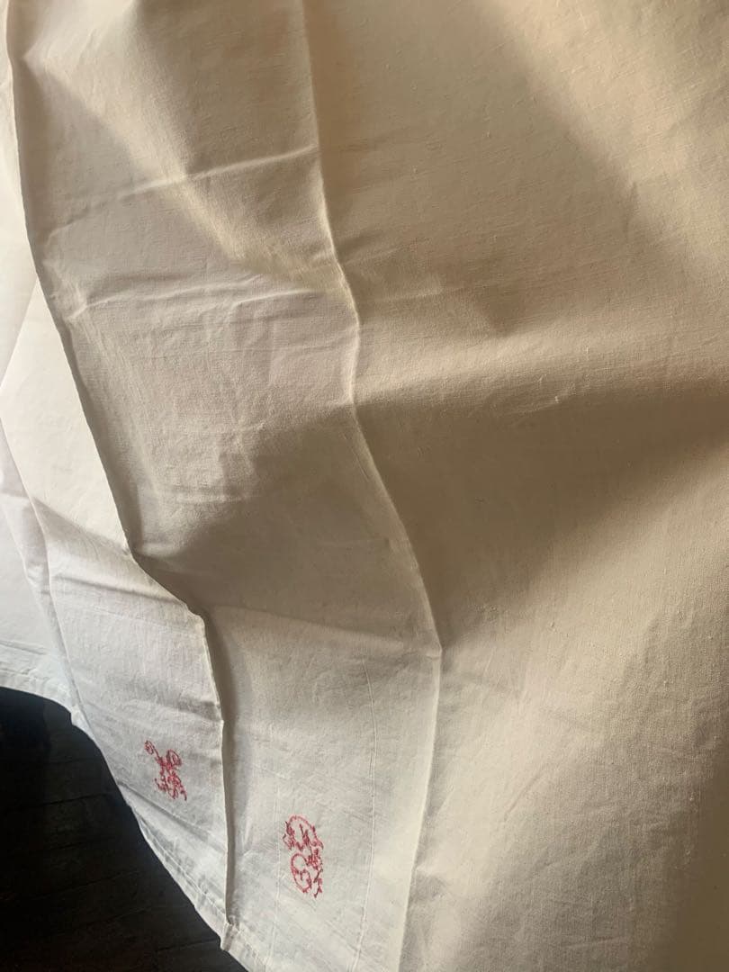 希少超大判 赤刺繍 フランスアンティーク未漂白リネン 二枚はぎ3.4x2.4m