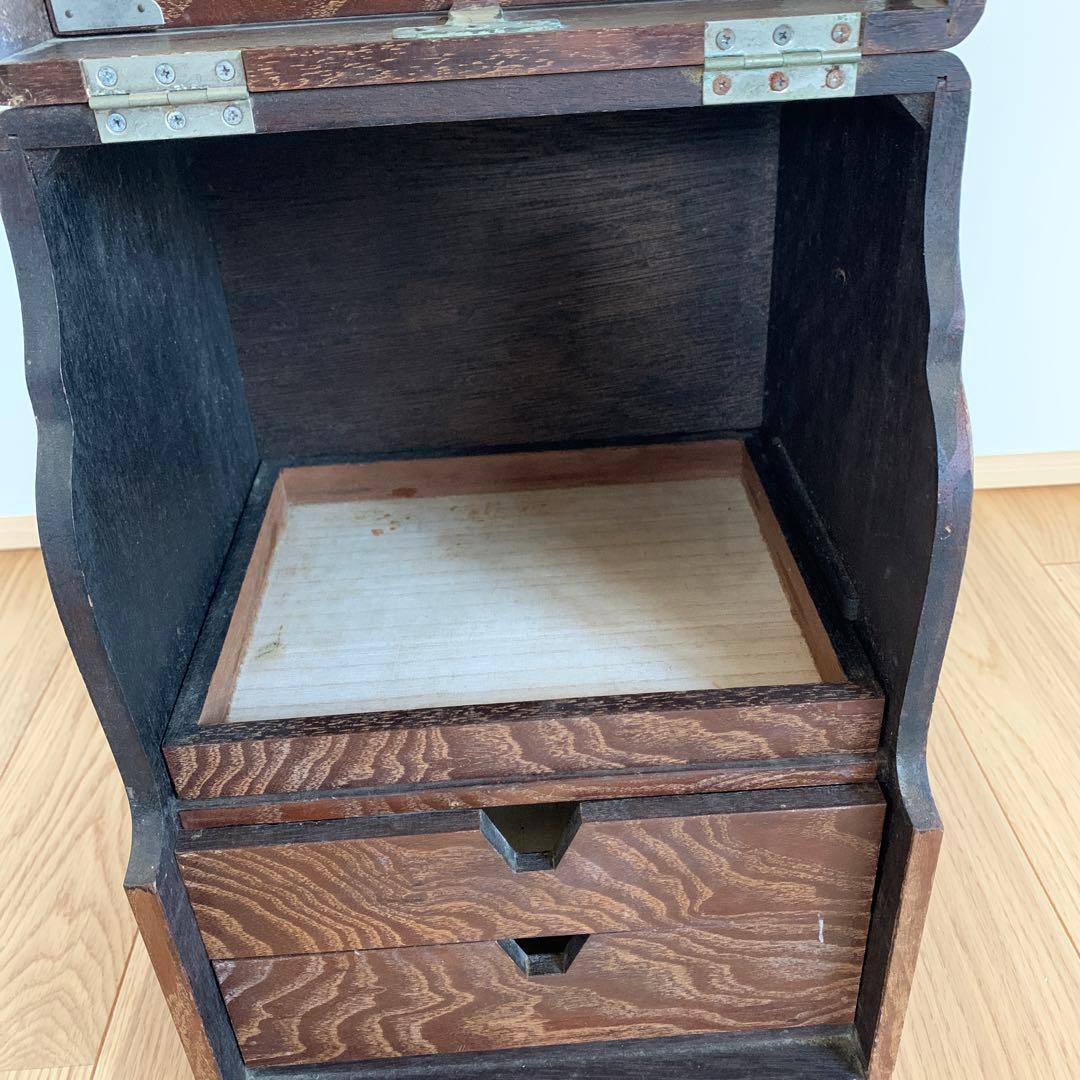 木製　化粧箱　アンティーク　開閉式　鏡付き化粧台　引き出し付き