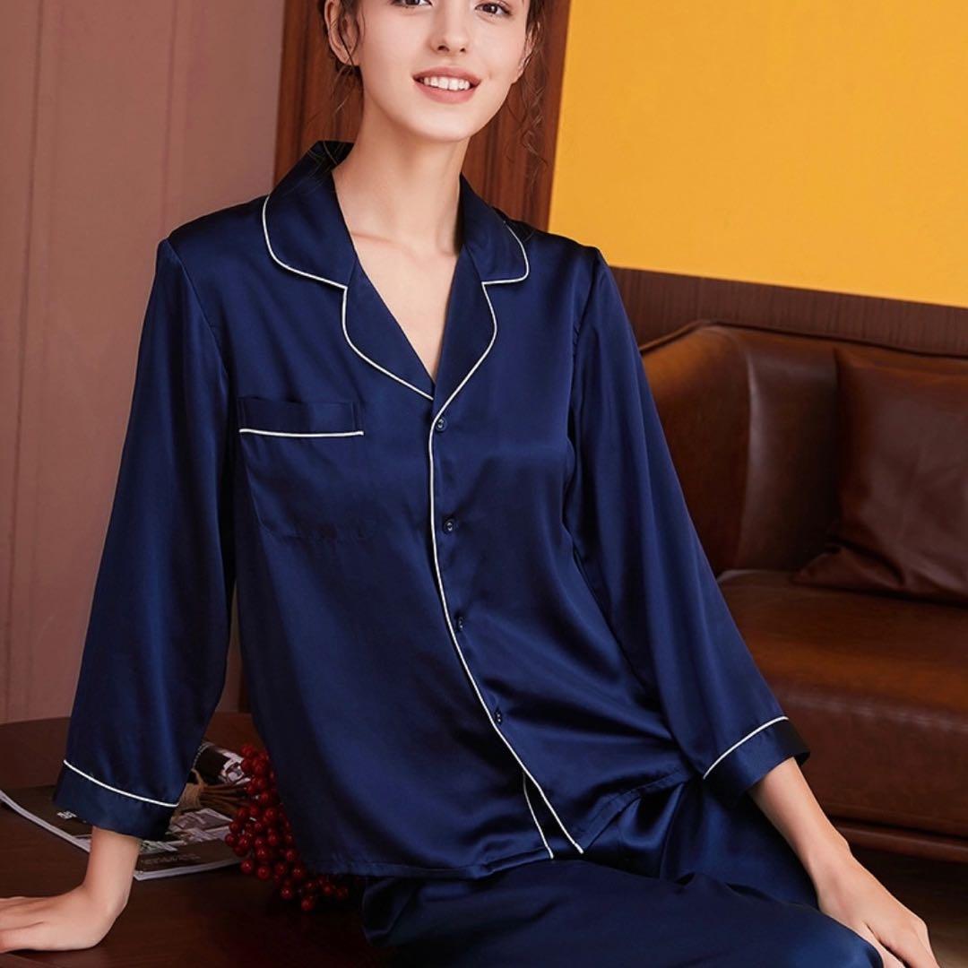 551 レディースパジャマ オールシルク 長袖 ネイビー L 肌触り滑らか