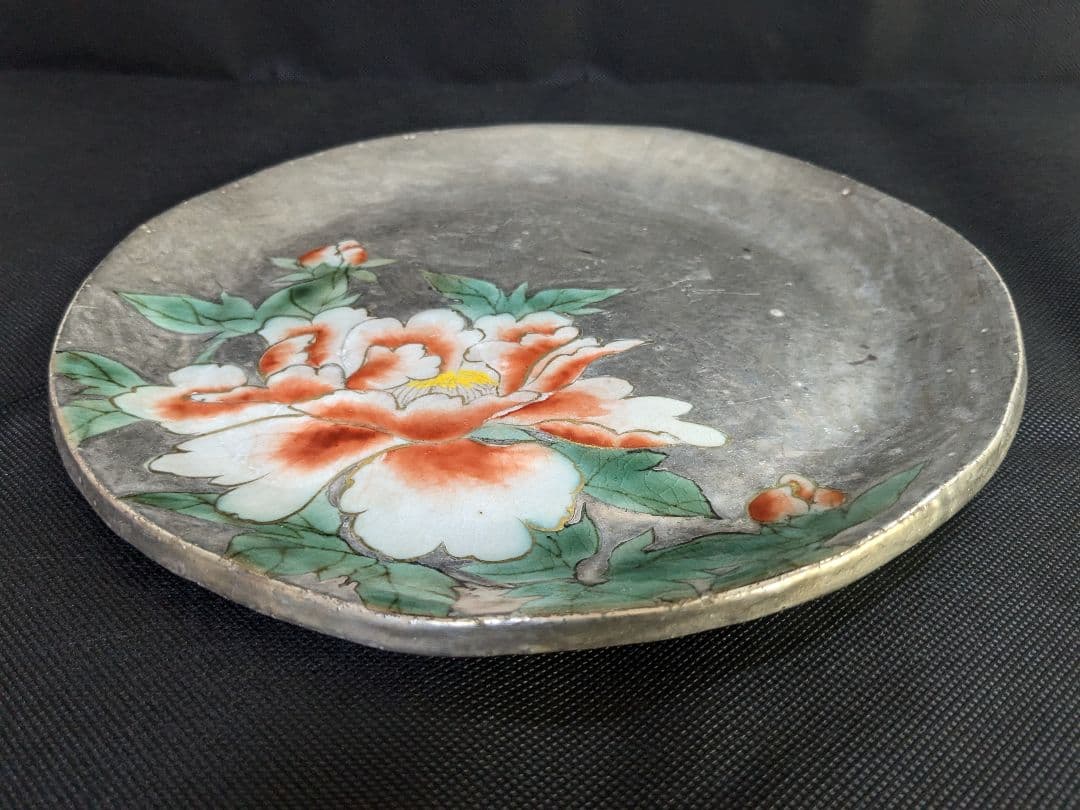 陶あん 清水焼 京焼 色絵付け 銀彩 牡丹 中皿 お皿