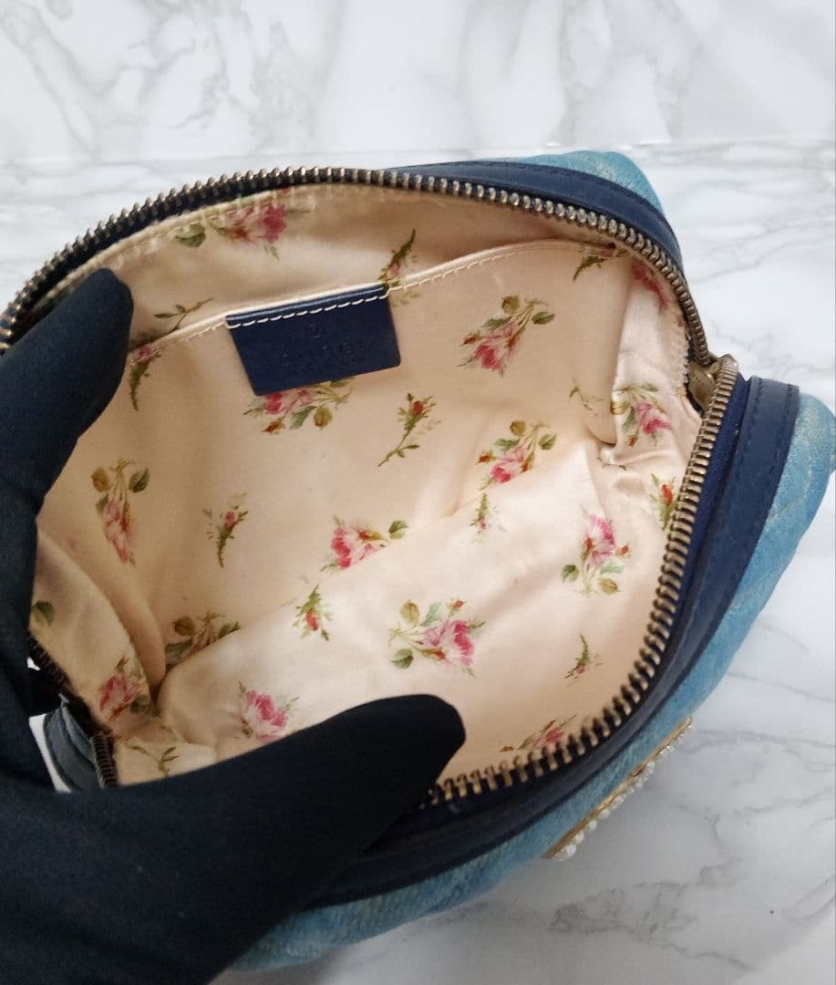 GUCCI グッチ GGマーモント デニム ポーチ パールロゴ