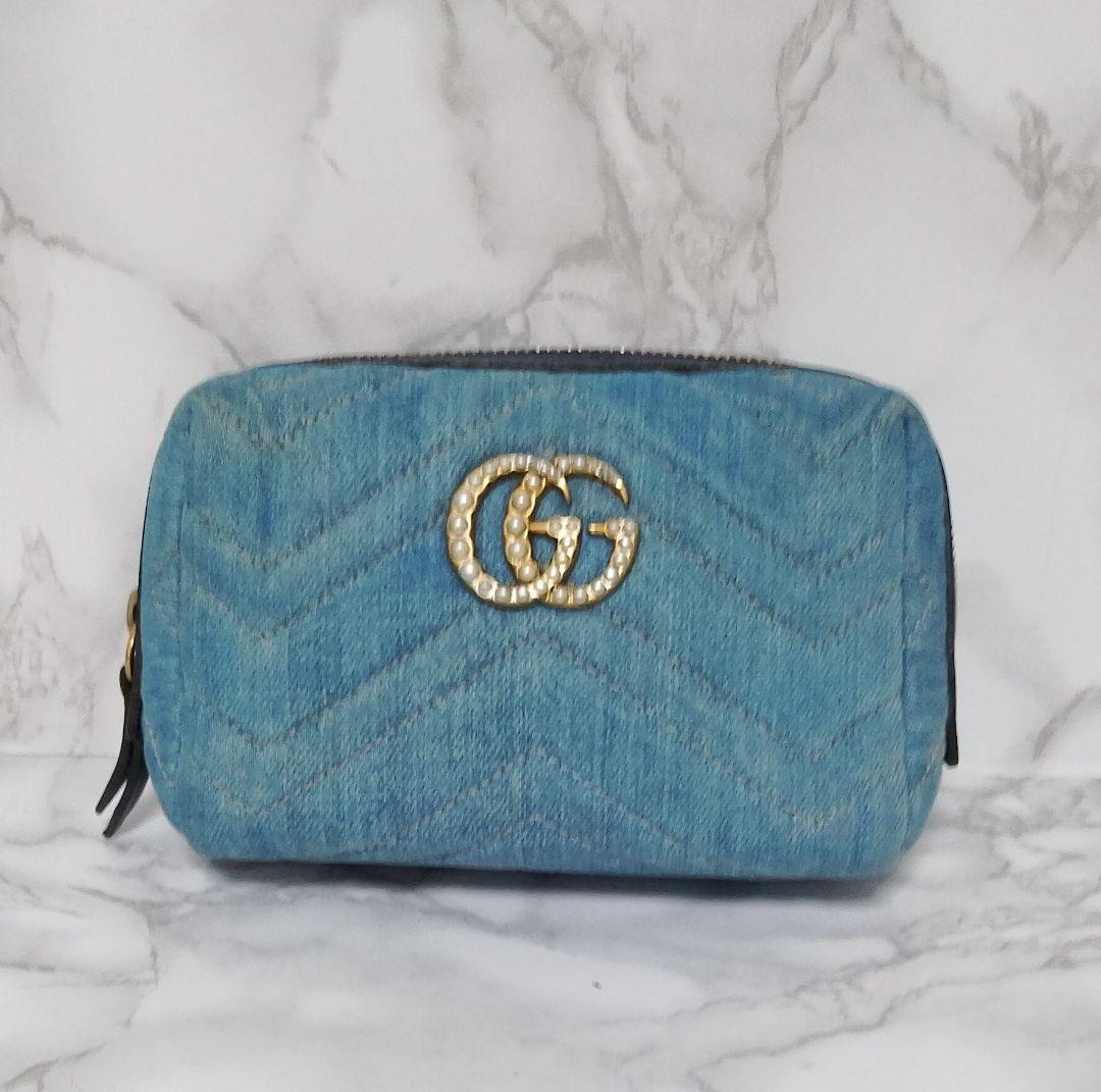 GUCCI グッチ GGマーモント デニム ポーチ パールロゴ
