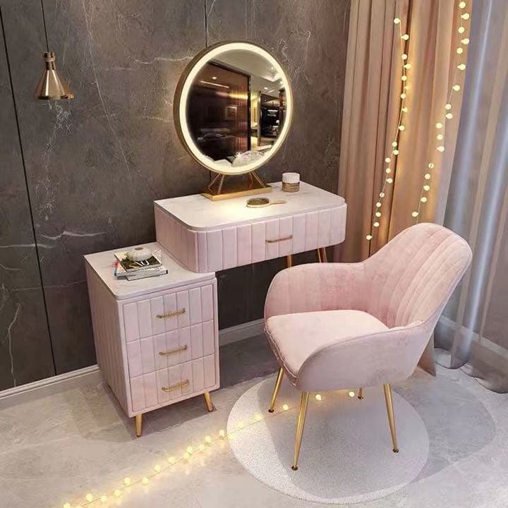 オシャレドレッサー　ベージュデスク引き出し1杯LEDミラー　椅子　棚4点セット