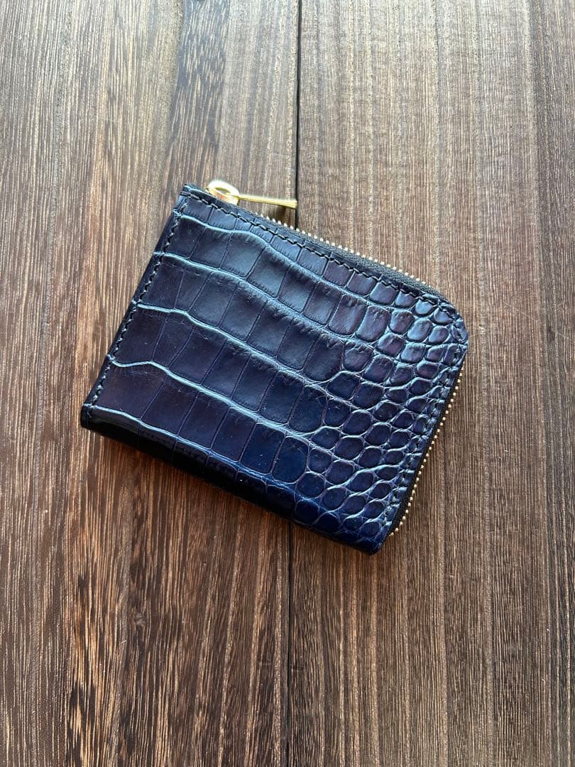 クロコダイル　ポロサス　藍染　コンパクトウォレット　L字ファスナー　ハンドメイド