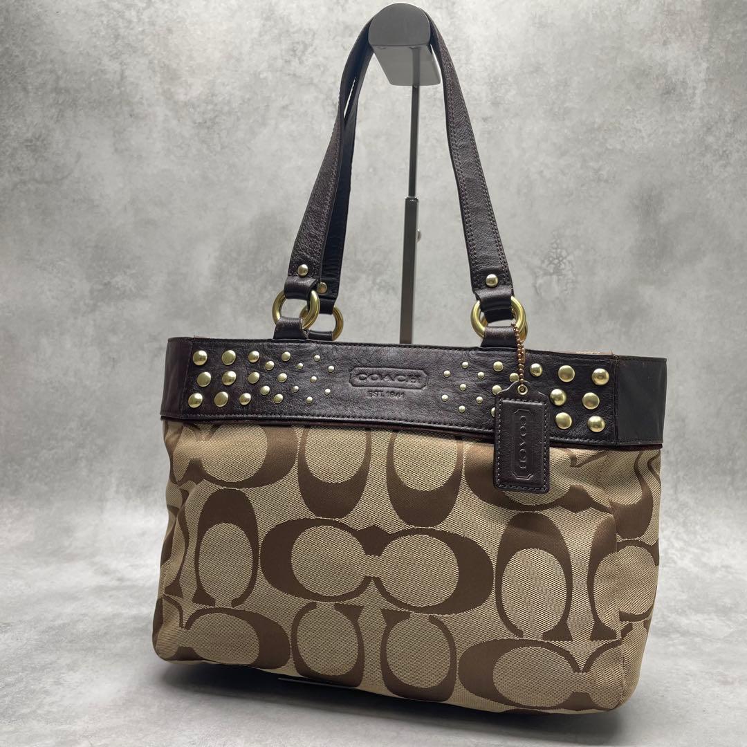 良品✨コーチ トートバッグ キャンバス×レザー スタッズ シグネチャー 肩掛け