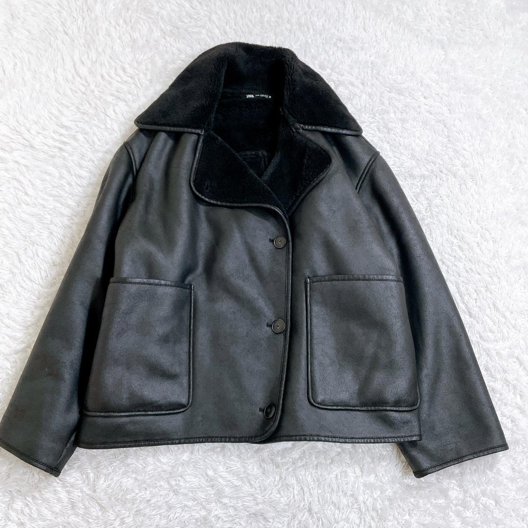 ZARA✨2024年冬✨フェイクムートン レザージャケット 黒 XL
