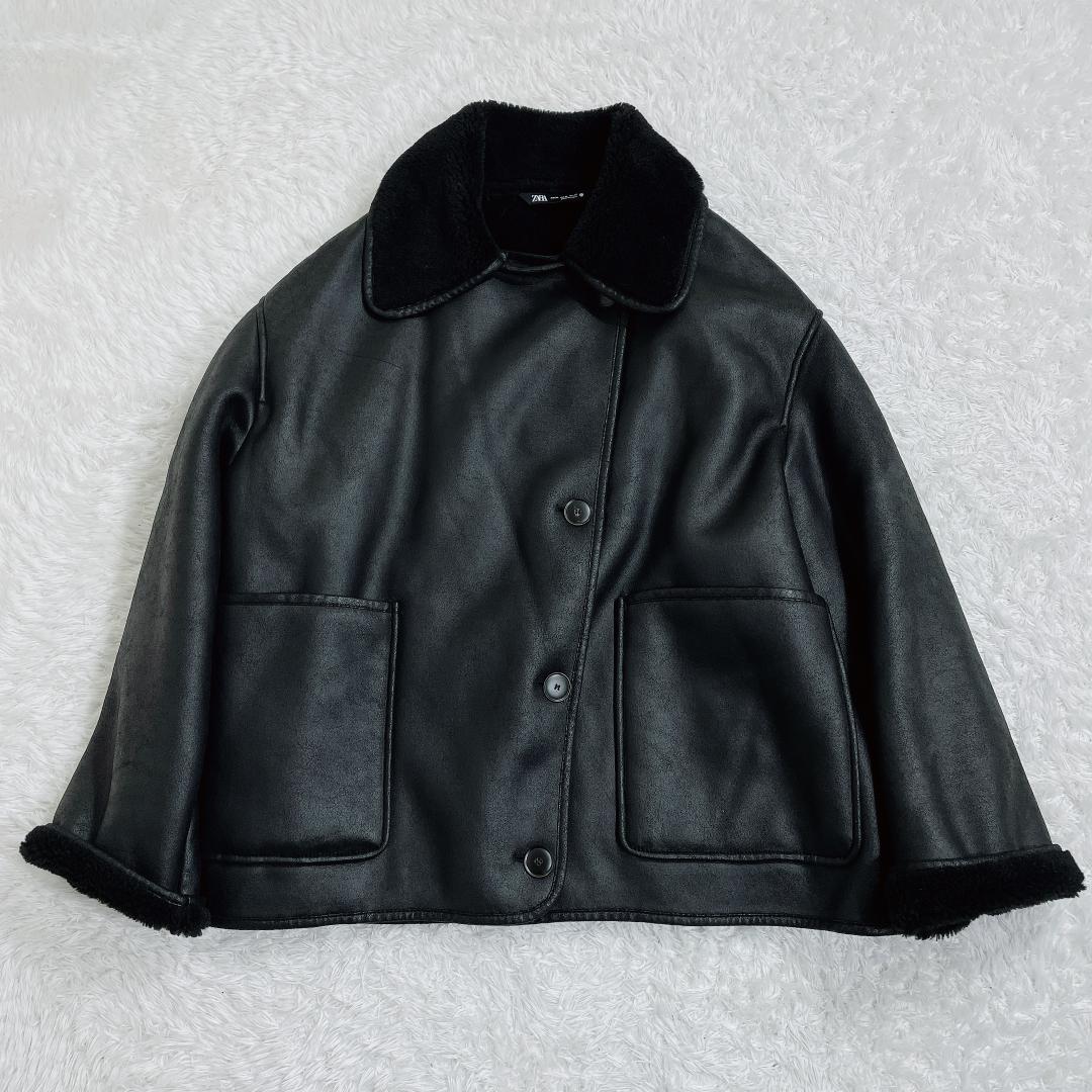 ZARA✨2024年冬✨フェイクムートン レザージャケット 黒 XL