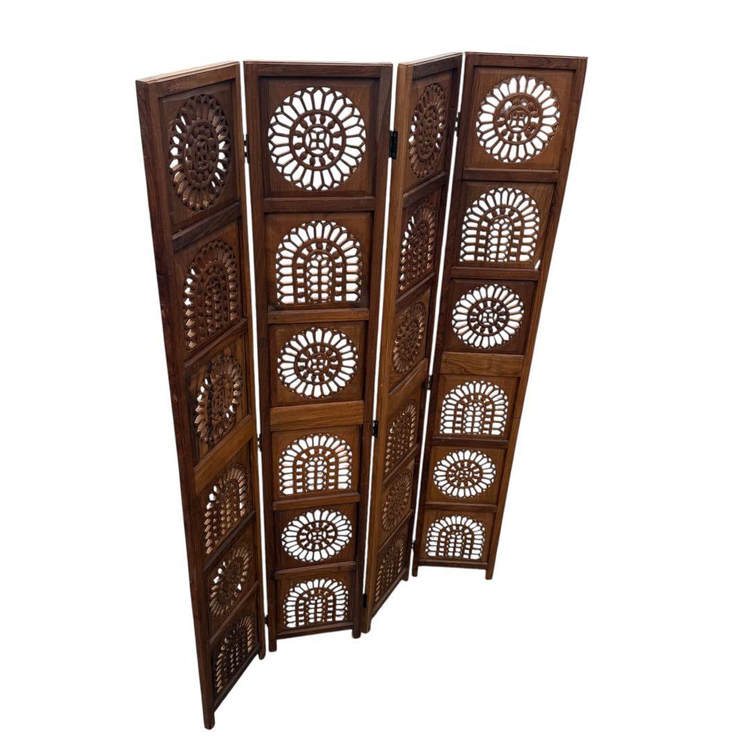 彫刻アンティーク 木製パーテーション 4連 透かし彫り 間仕切り