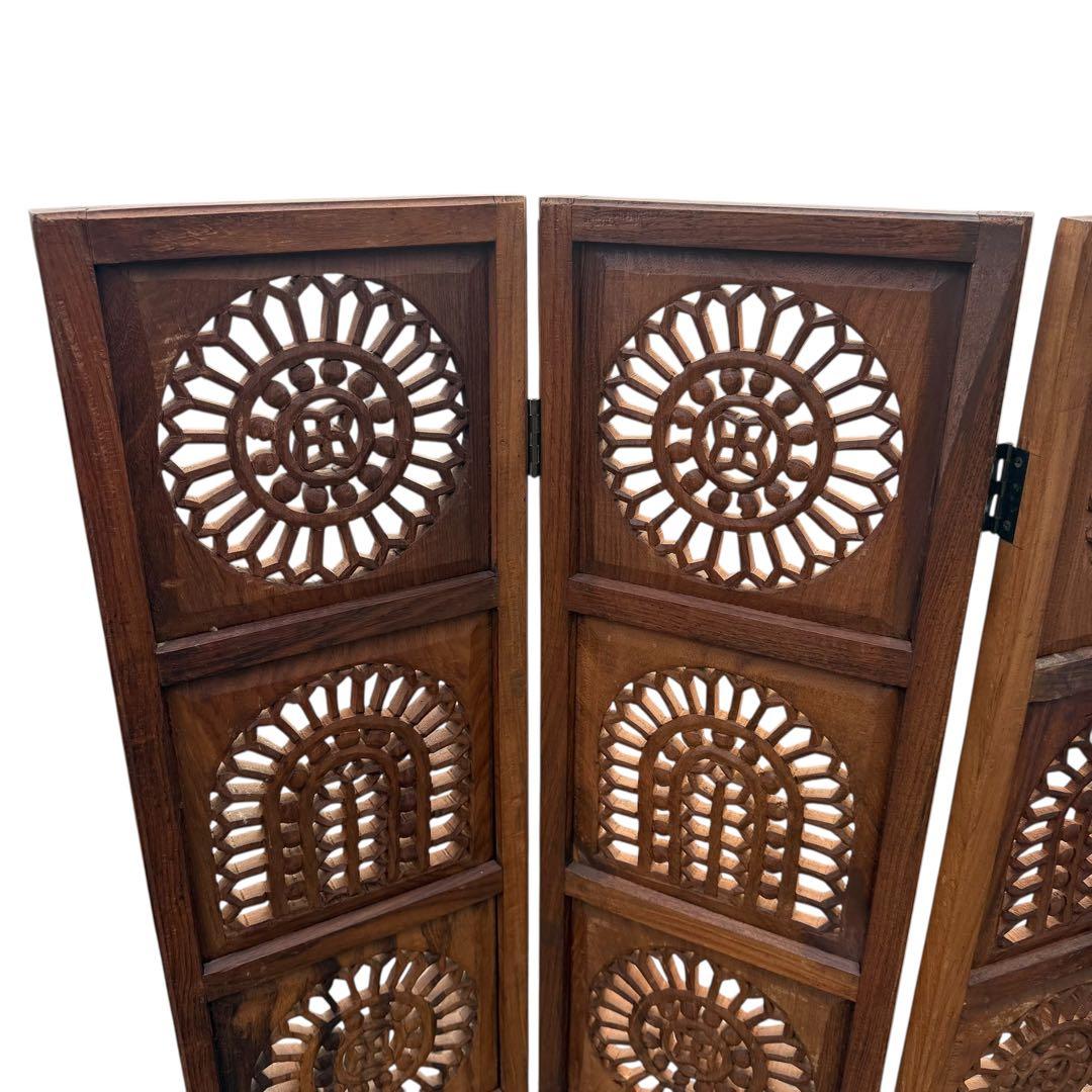 彫刻アンティーク 木製パーテーション 4連 透かし彫り 間仕切り