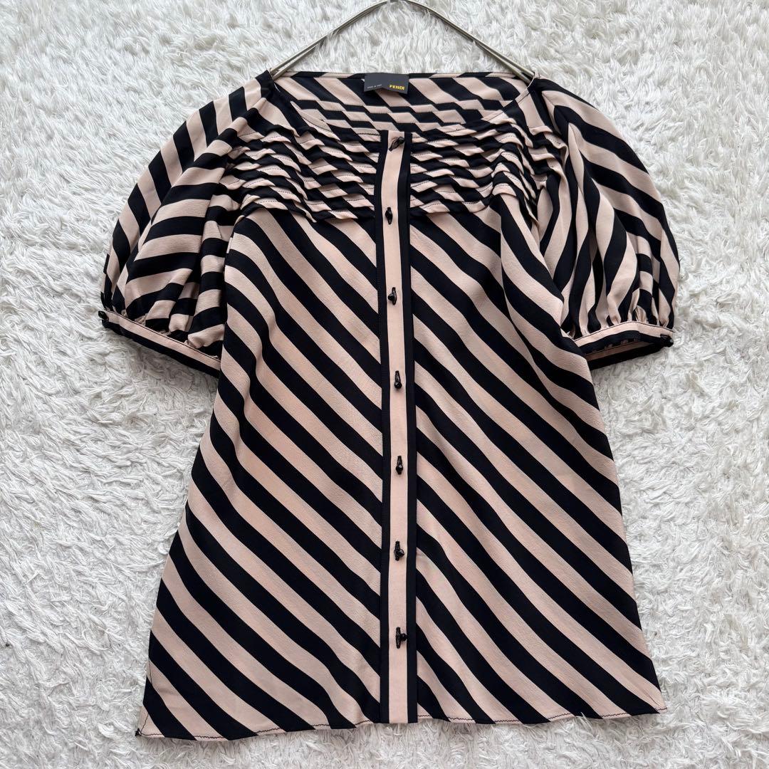 美品 フェンディ シルク ブラウス 半袖 パフスリーブ タック ストライプ 40