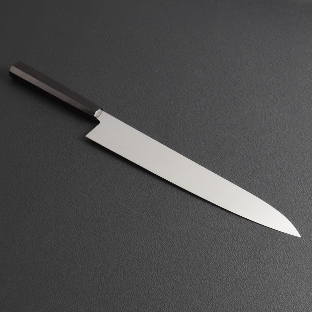 10348 特大牛刀 尺一 鏡面仕上げ 刺身包丁 両刃包丁 黒檀黒水牛角八角柄