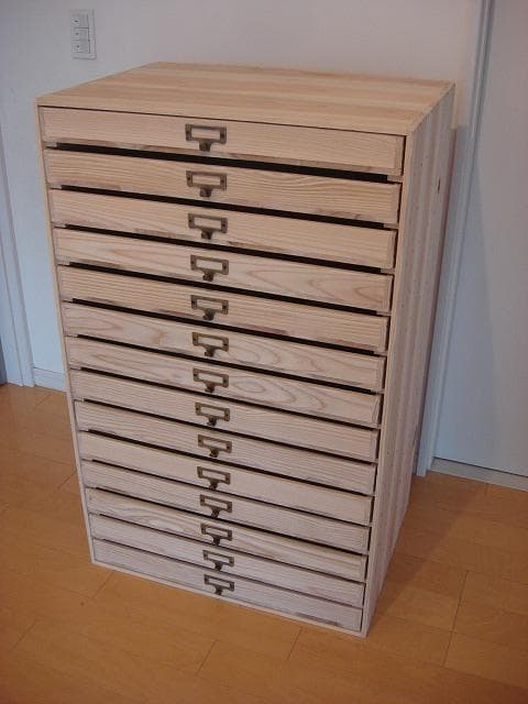 ★送料無料オーダー可能★A2ネームプレート14段小引き出し/無垢材木製書類ケース